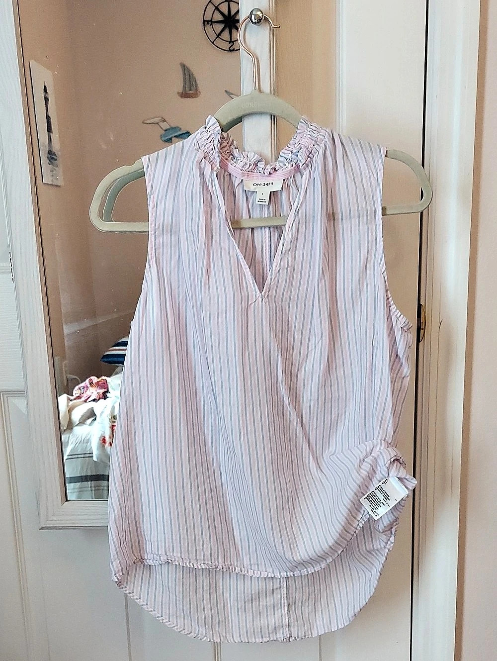 ON-34TH Striped Cotton Modal Blouse in Pink & White Large Like New